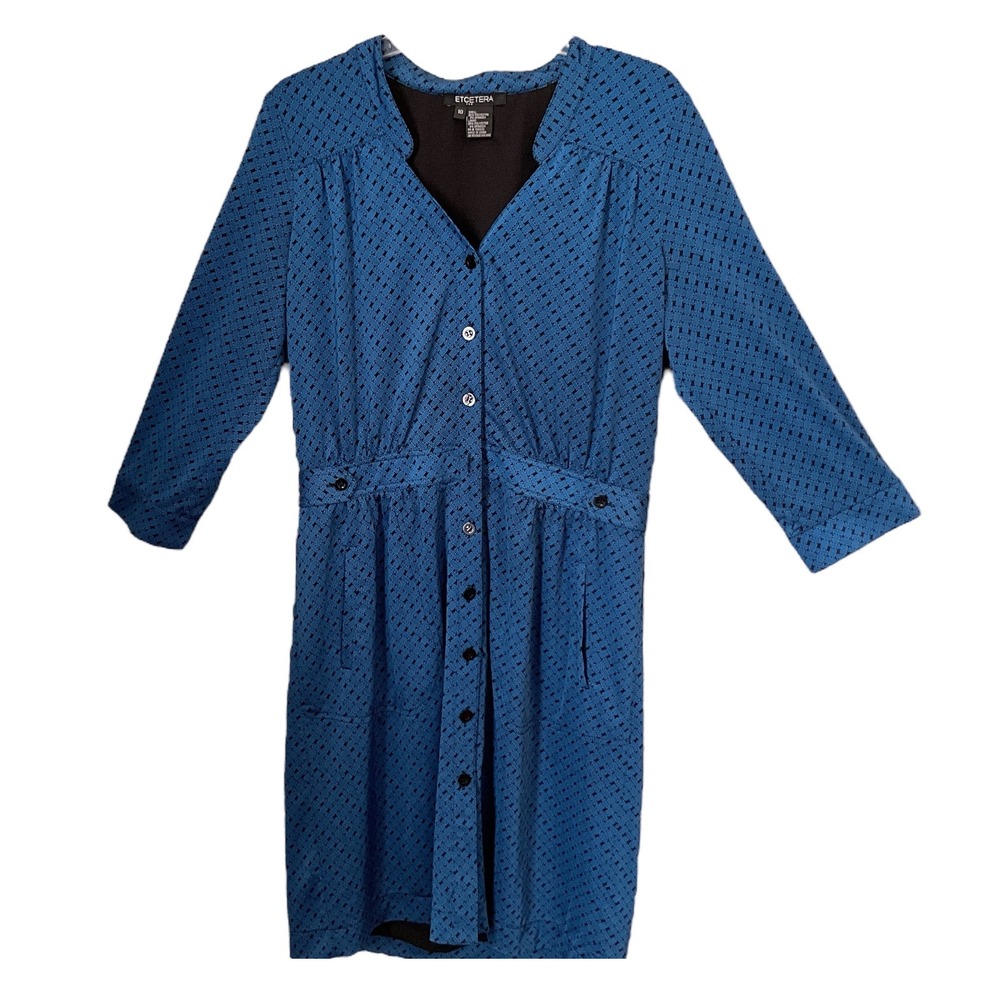 Etcetera Blue Geometric Print Button Front 3/4 Sleeve Career Casual Dress